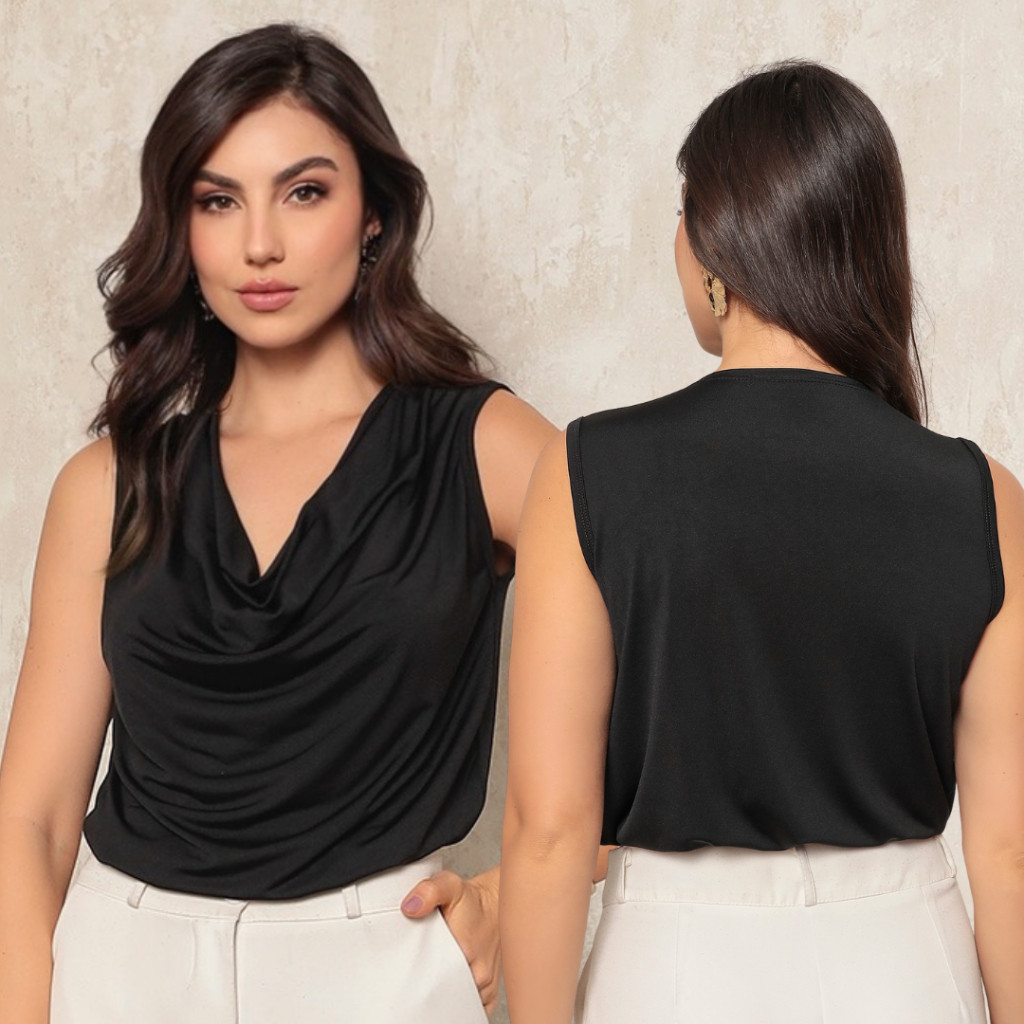 Blusa Feminina Regata em Microfibra Gola Plissada com Alça Grossa e Elástico no Cós Elegante