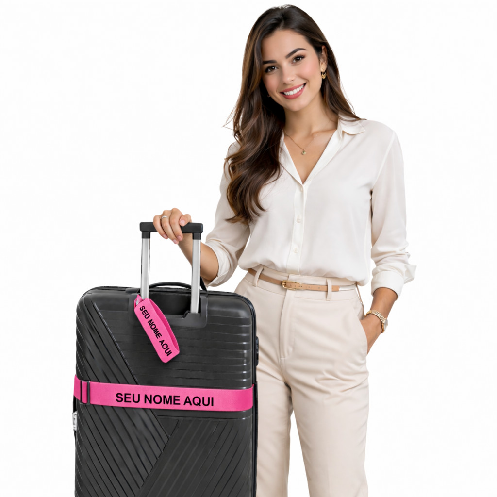 Kit Tag+Cinta Mala Viagem Personalizada Nome Identificação Bagagem Ajustável Resistente Seguranca Aeroportos