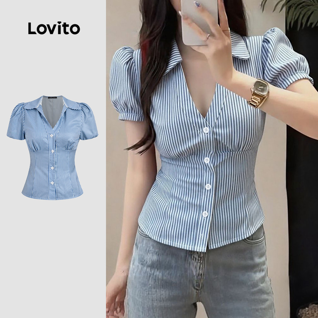 Lovito Blusa Casual Estrutura Geométrica Linha Primavera/verão Azul Blusa para Mulheres L177ED128