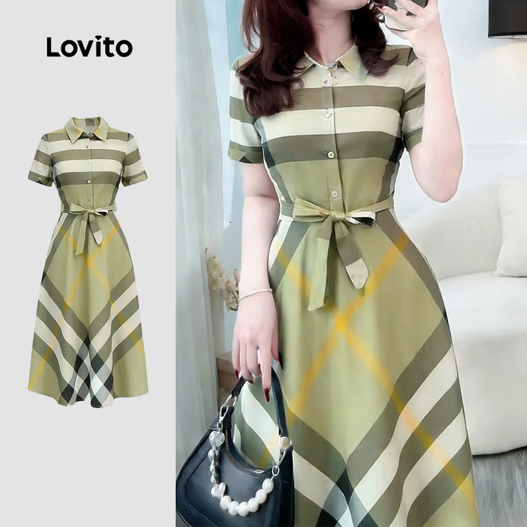 Lovito Vestido Verde Feminino Primavera/verão com Cinto e Botões LK4LD320 em Oferta na Shopee