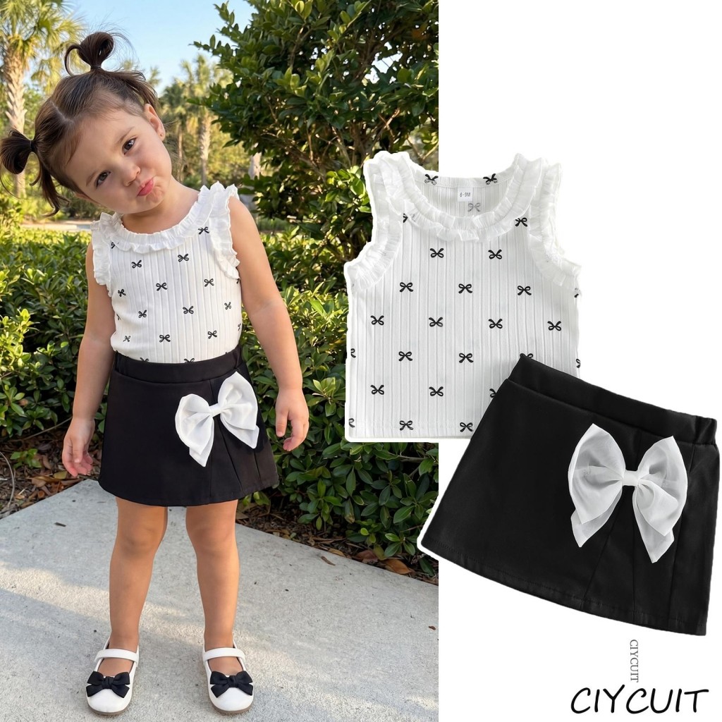 [CIYCUIT] Conjunto De 2 Peças De Verão Para Bebês Meninas , Sem Mangas , Gola Redonda , Estampa De Laço , Regata Preta ,