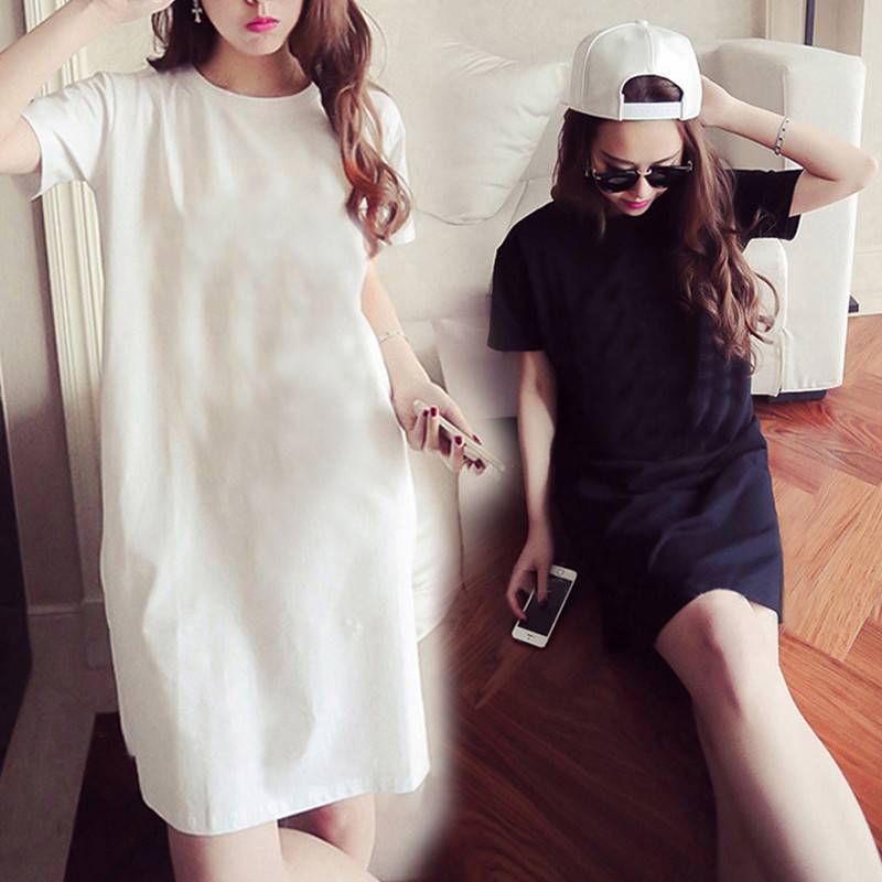 Nova cor sólida camiseta de manga curta feminina camisa de fundo branco solto vestido de verão de comprimento médio tama