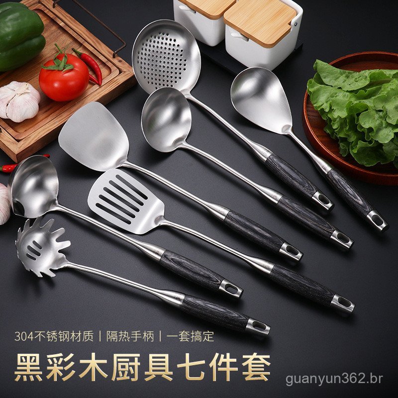 Utensílios de cozinha em aço inoxidável 304, espátula e colher de madeira preta, conjunto de utensílios de cozinha em ma
