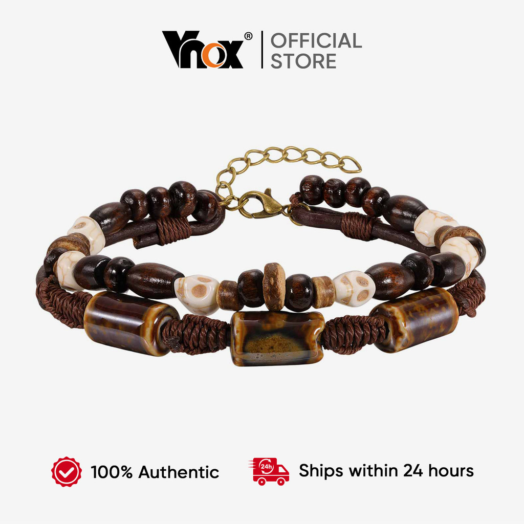 Tornozeleira Masculina De Couro De Camada Dupla Vnox Com Contas De Vidro Caveira Moda Praia Férias Tornozelo Presente