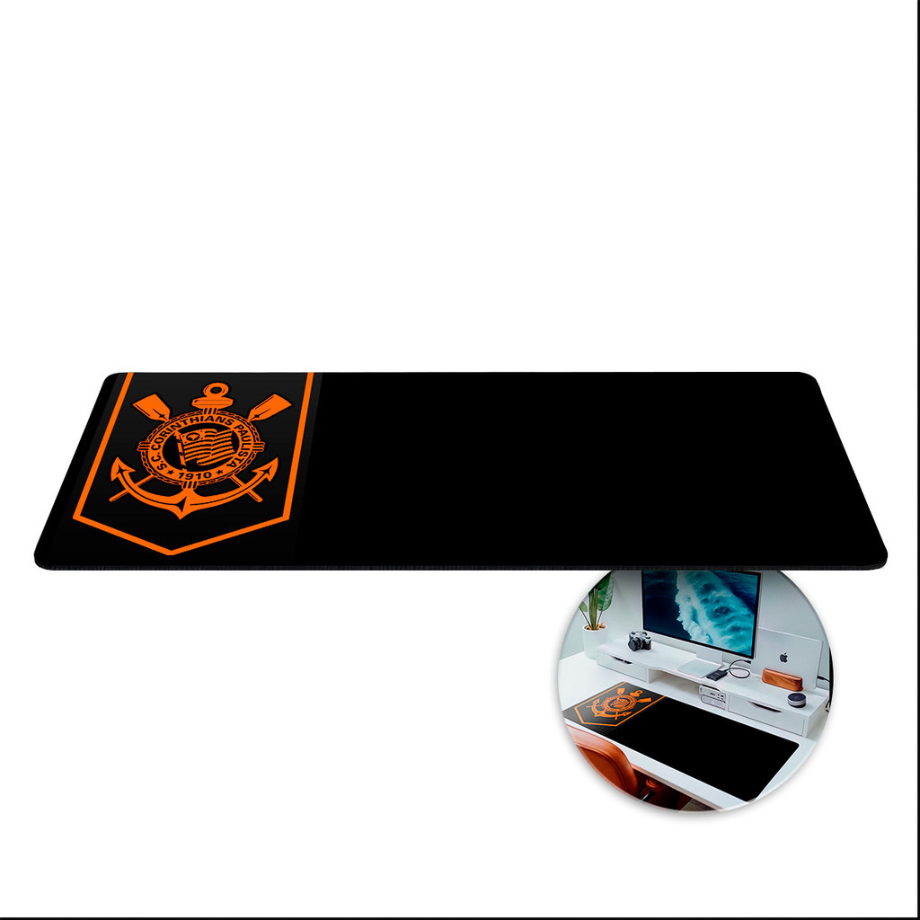 Mousepad 80x30 Corinthians Preto Gamer Antiderrapante