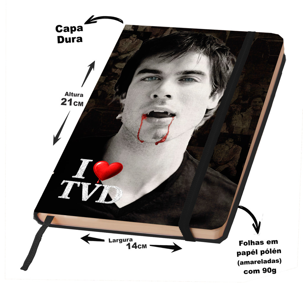 Caderno Sketchbook para desenho Capa dura inspirada em The Vampire Diaries presente fã - Damon e Elena