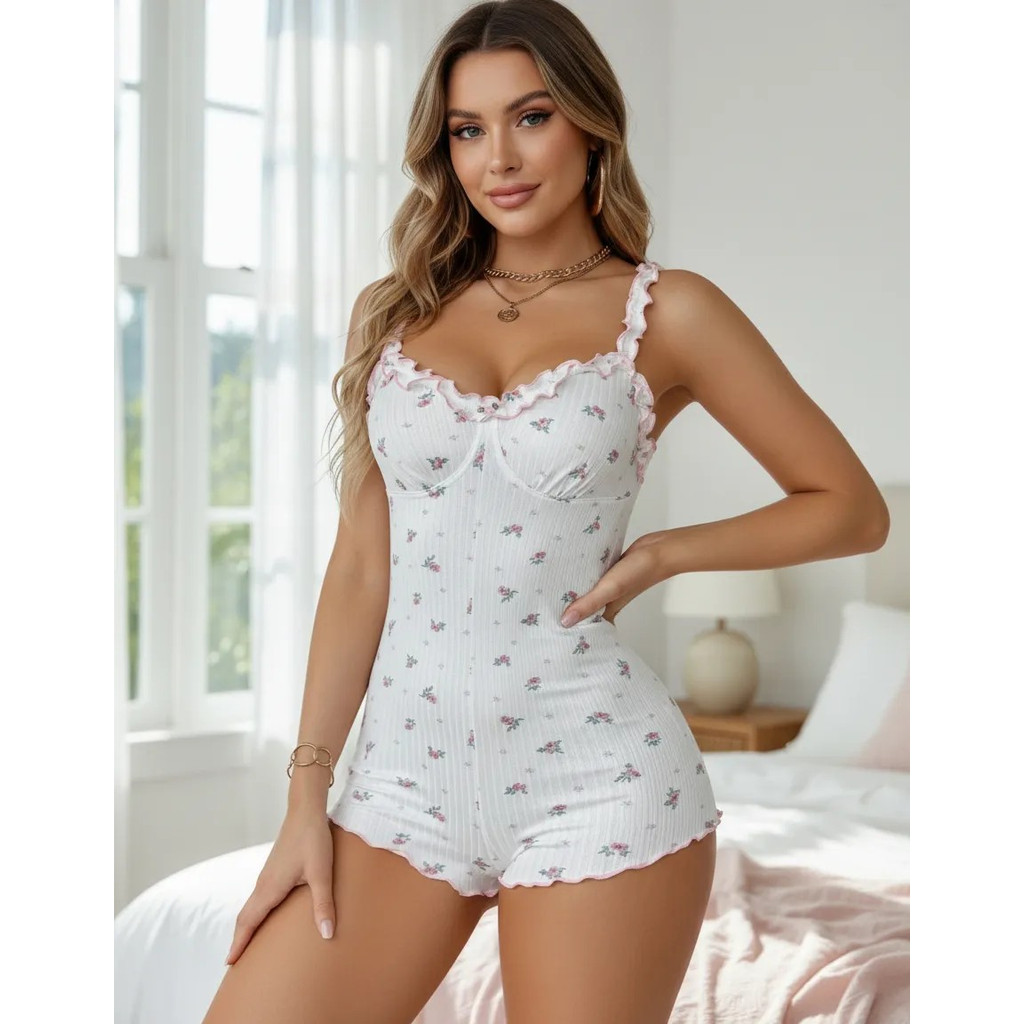Pijama Macaquinho Floral Babado Lingerie Noite de Núpcias