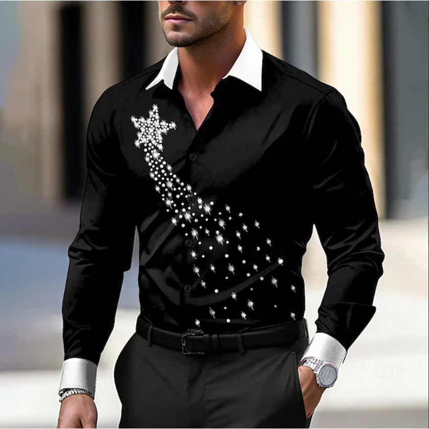 Camisa masculina de manga comprida com novo estilo, camisa Casual elegante com estrela 3D, camisa de lapela masculina, c