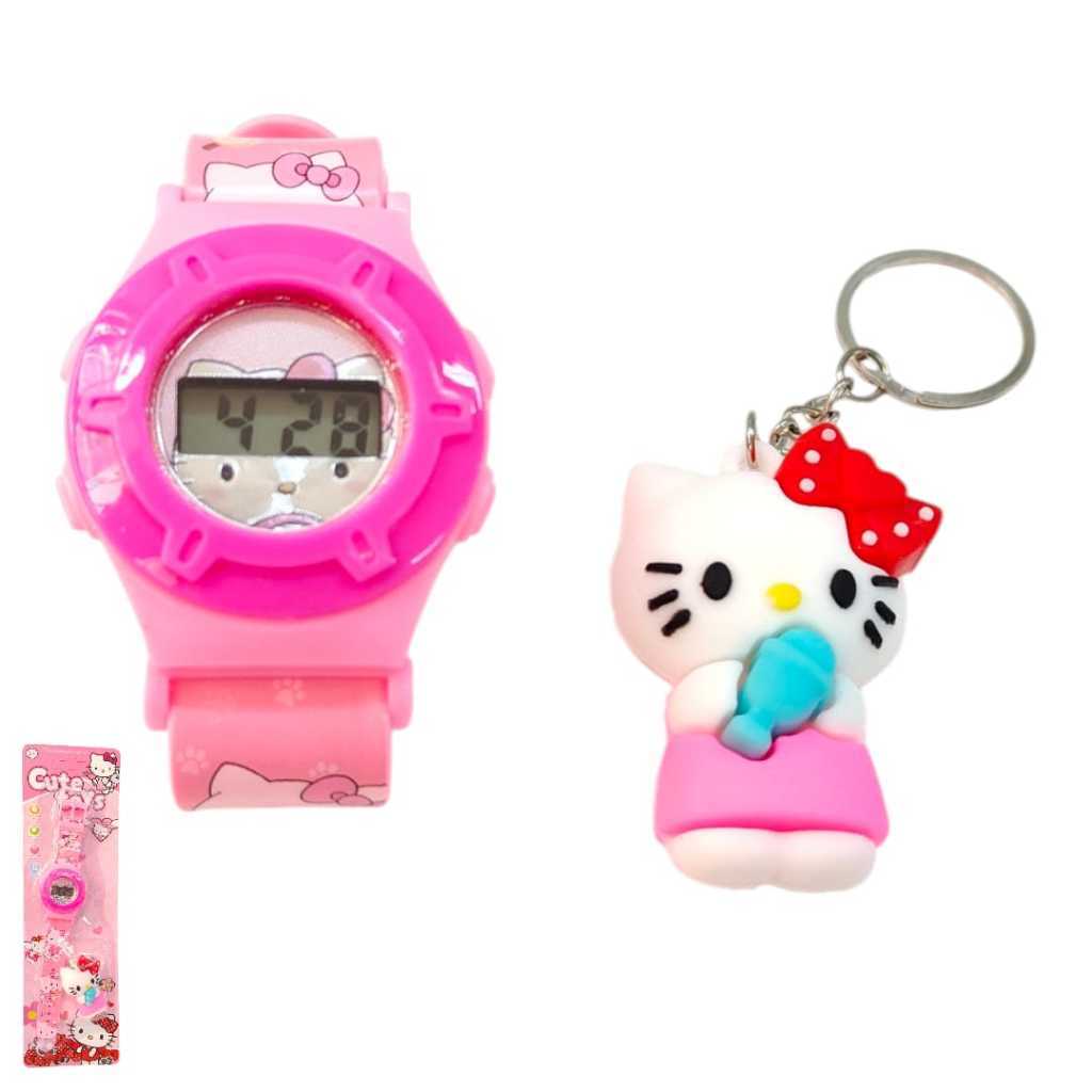 Kit Relógio Digital + Chaveiro Hello Kitty Infantil Rosa Fofo Presente Ideal Meninas