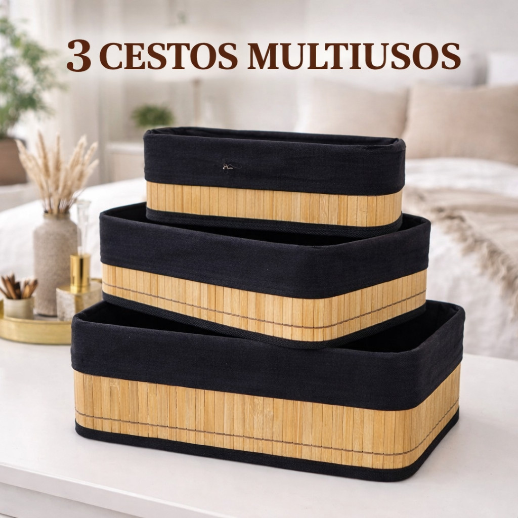 Kit Cestos De Bambu Organizadores C/ Forro Preto P/M/G - Já Montado