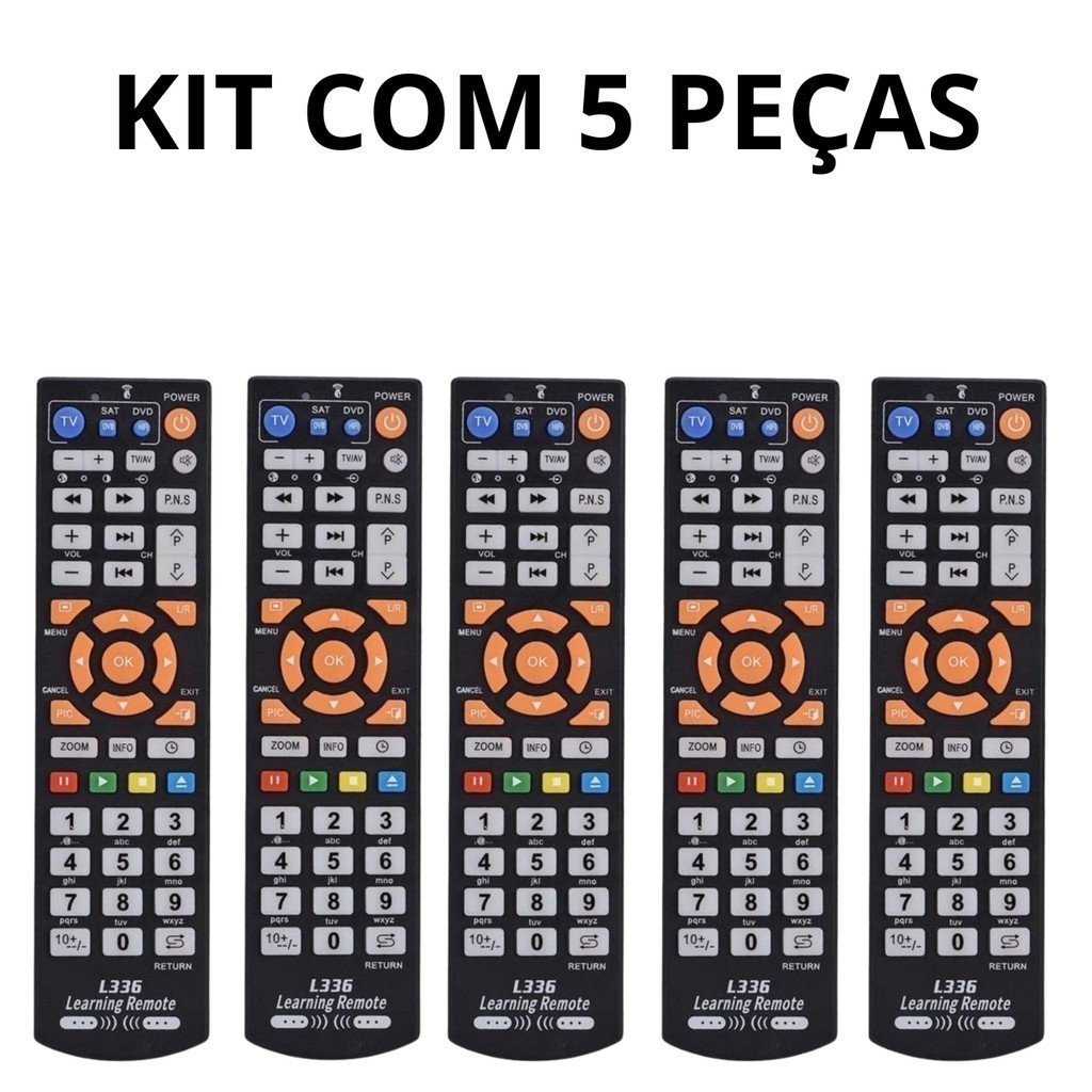 Kit 5 Controle Remoto Universal com Função de aprendizagem para TV/CBL/DVD/SAT