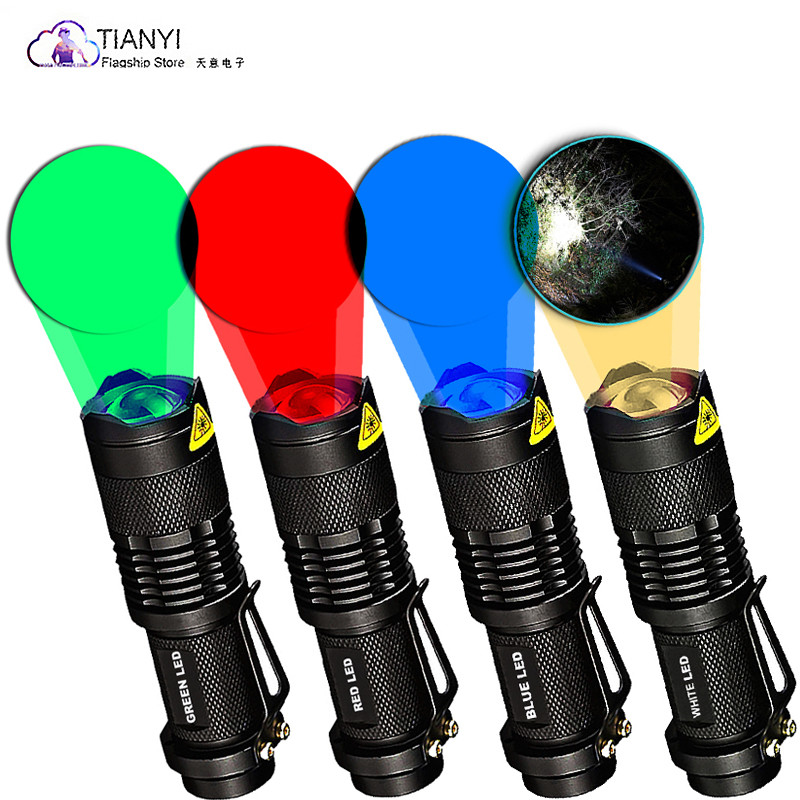Sk68 pequena MINI lanterna AA Super brilhante luz forte luz vermelha luz verde luz branca luz azul quatro cores LED colo