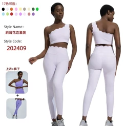 Conjunto de fitness suave para a pele com design de costas de renda de um ombro só, conjunto de yoga com sutiã esportivo