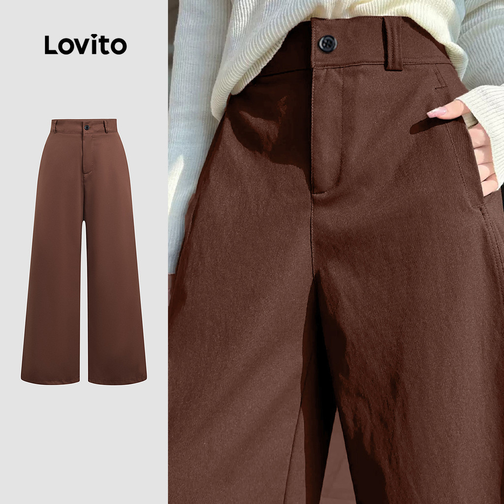 Lovito Calça Casual com Botão Primavera/verão Marrom Calça para Mulheres L166AD957