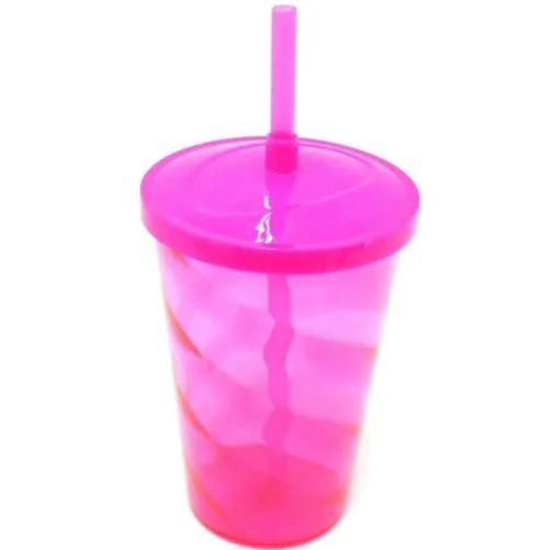 Copo Fest Lsc C/ Tampa E Canudo 400ml Transparente Rosa Fluor