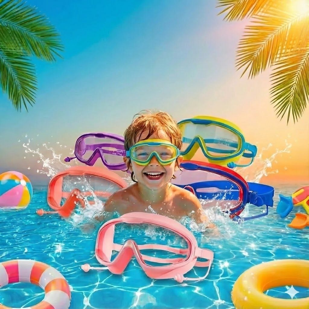 Óculos de Natação Infantil com Máscara Silicone Anti-Fog UV Protetor de Ouvido + Estojo em Oferta na Shopee