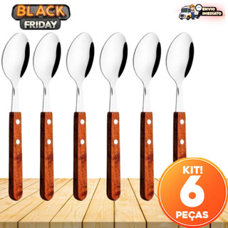 Kit 6 Colheres Inox Cabo Amadeirado 20 cm - Talheres Elegantes para Restaurante e Casa em Oferta na Shopee