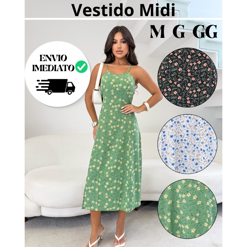 Vestido Feminino Midi Floral Reguravel com Fenda Envio Imediato em Oferta na Shopee
