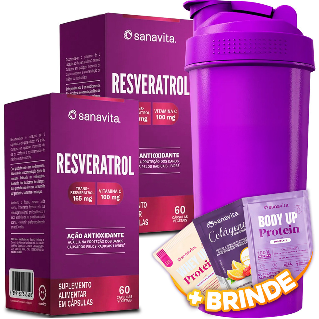 2x Resveratrol Sanavita Suplemento ALimentar Vitamina C Ação Antioxidante 60 Cápsulas + Coqueteleira