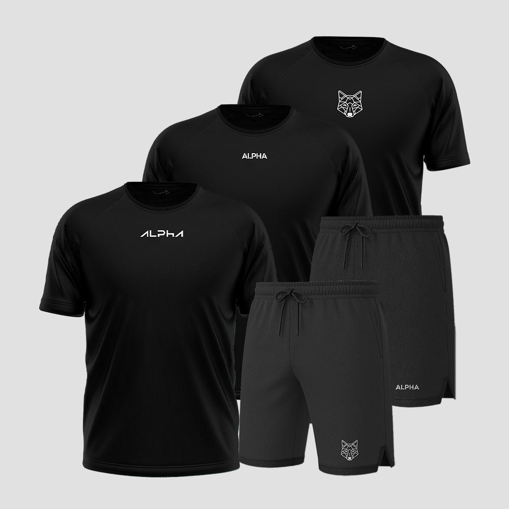 Kit 5 Peças All Black Dry 3 Camisetas e 2 Bermudas Alpha Co