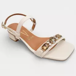 Sandália Vizzano Salto Baixo Pedraria Feminino - Off White