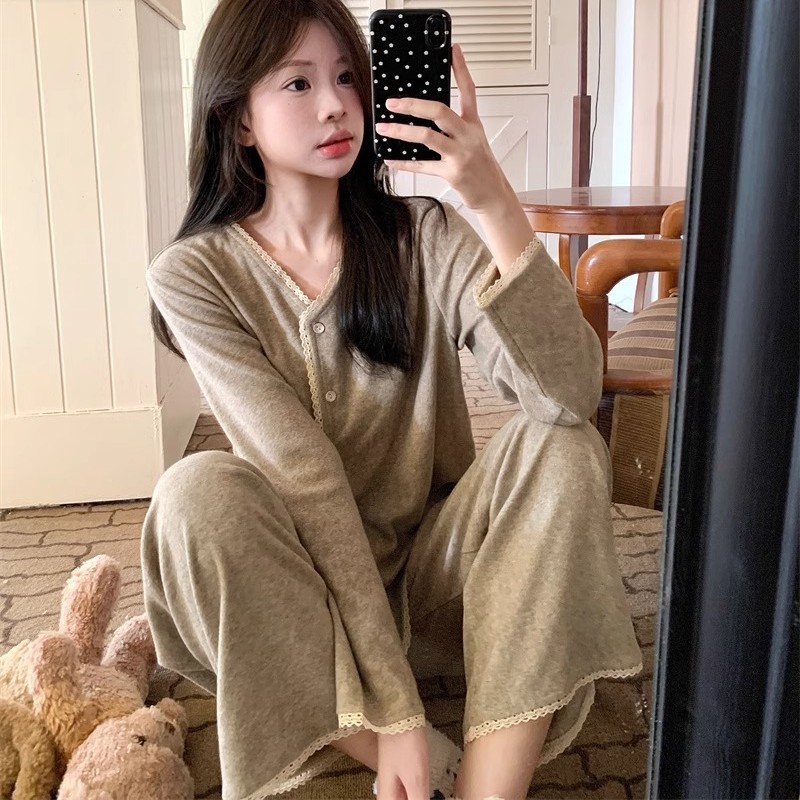 Imagem Calças de manga comprida de renda de alta qualidade terno pijama feminino macio e confortável Loungewear alto @-