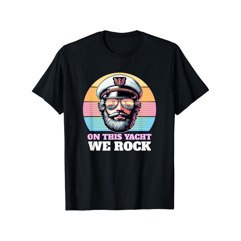 Camiseta Masculina Retro 80s Yacht Rock Capitão Gráfico "On This Yacht We Rock" Algodão Confortável Divertida Nostálgica