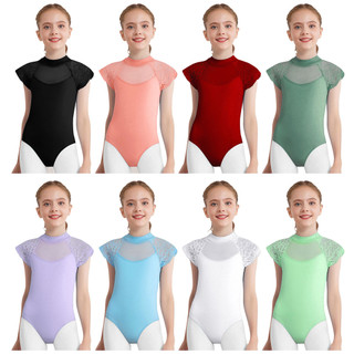 inhzoy Crianças Meninas Rendas Boné Mangas Dança Collant Pura Malha Retalhos Recorte Bodysuit Ballet Prática Exame Dance