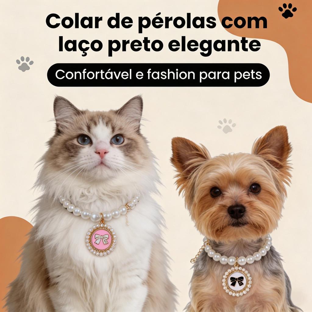 Colar Pet Personalizado Ajustável de Pérolas para Cachorro (Fêmea/Macho) e Gato | Coleira Cães Acessórios Pet Shop