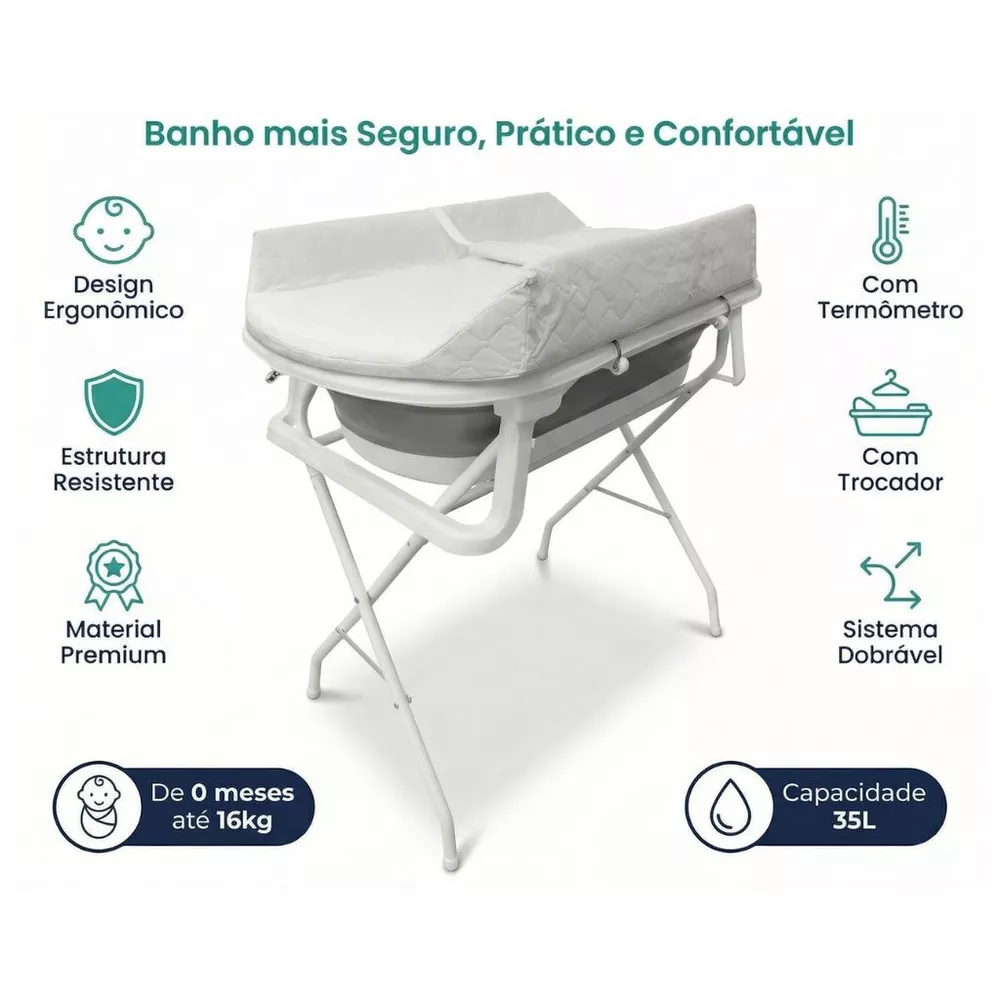 Banheira para Bebe com Trocador Suporte Dobrável e Termometro