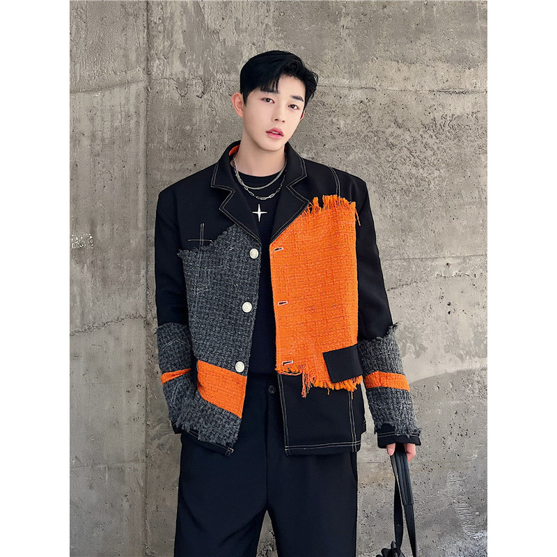 Designer ins passarela estilo lã costura contraste cor terno jaqueta masculina Design de lã sentimento frito rua Puffian