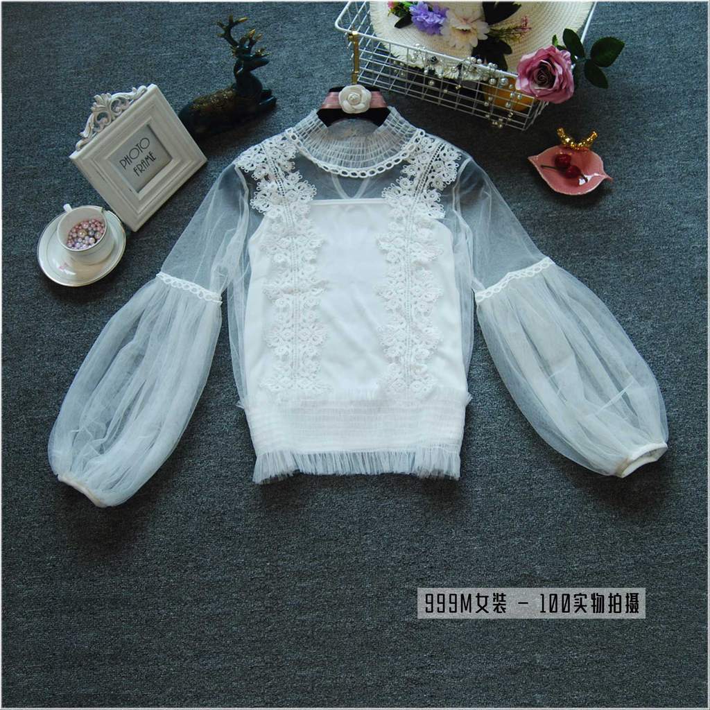 Primavera outono renda branca camisa de fundo senhoras doce senhoras malha Chiffon camisa superior lanterna manga camisa