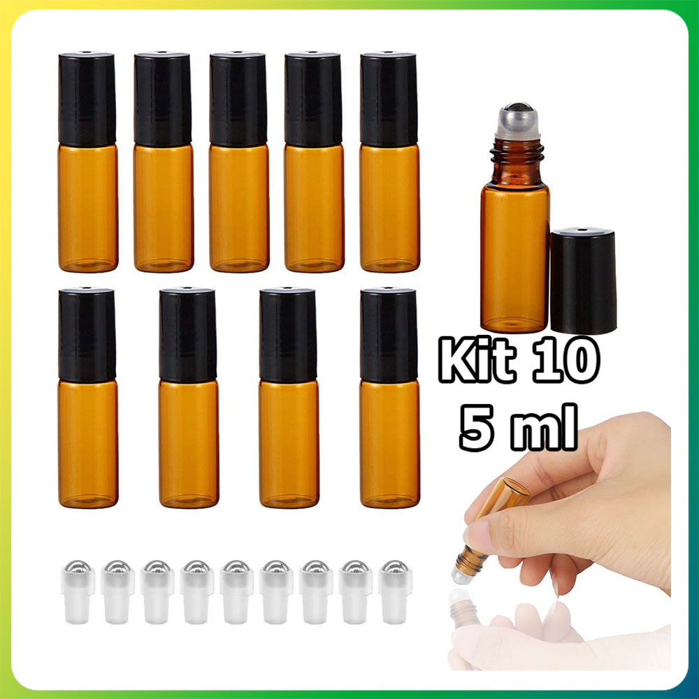 Kit 10 5ml Frasco roll-on de vidro âmbar frasco para óleo essencial frasco para amostra de perfume tampa plástico preta