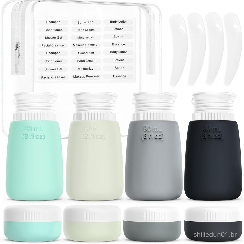 Travel Bottles for Toiletries - 8 Pack Leak Proof Silicone Containers with Clear Bag, 4 Squeeze Bottles & 4 Cream Jars -