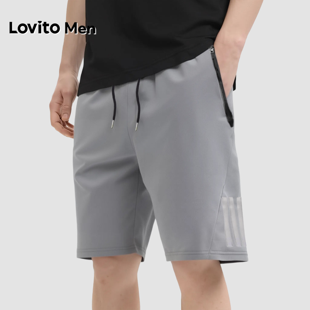 Lovito Men  Shorts Casuais com Listra Lateral e Zíper Cinza para Primavera/verão para Homens LNE138137 em Oferta na Shopee