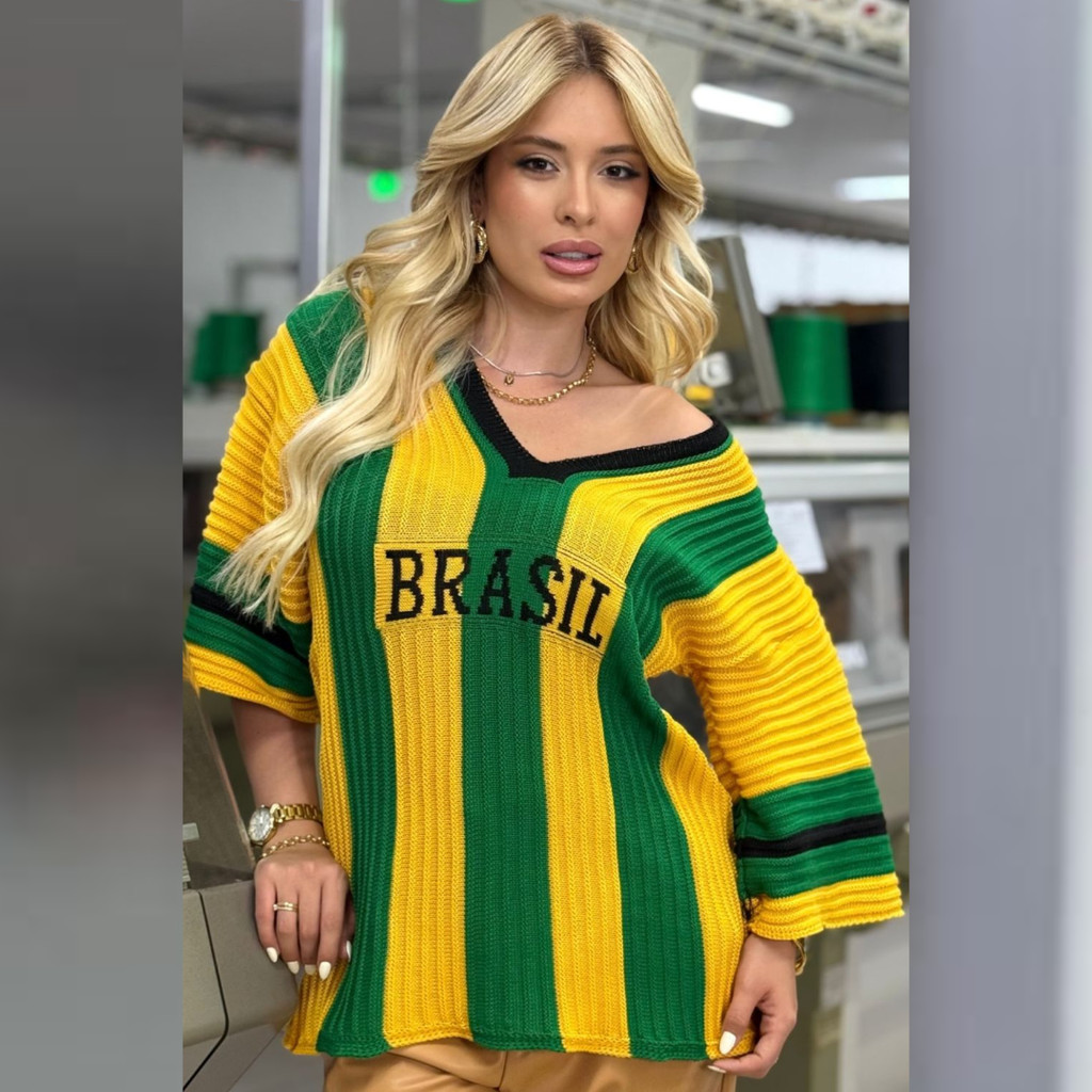Camiseta Brasil Listrada Feminina Tricot Modal Canelado Copa do Mundo Verão