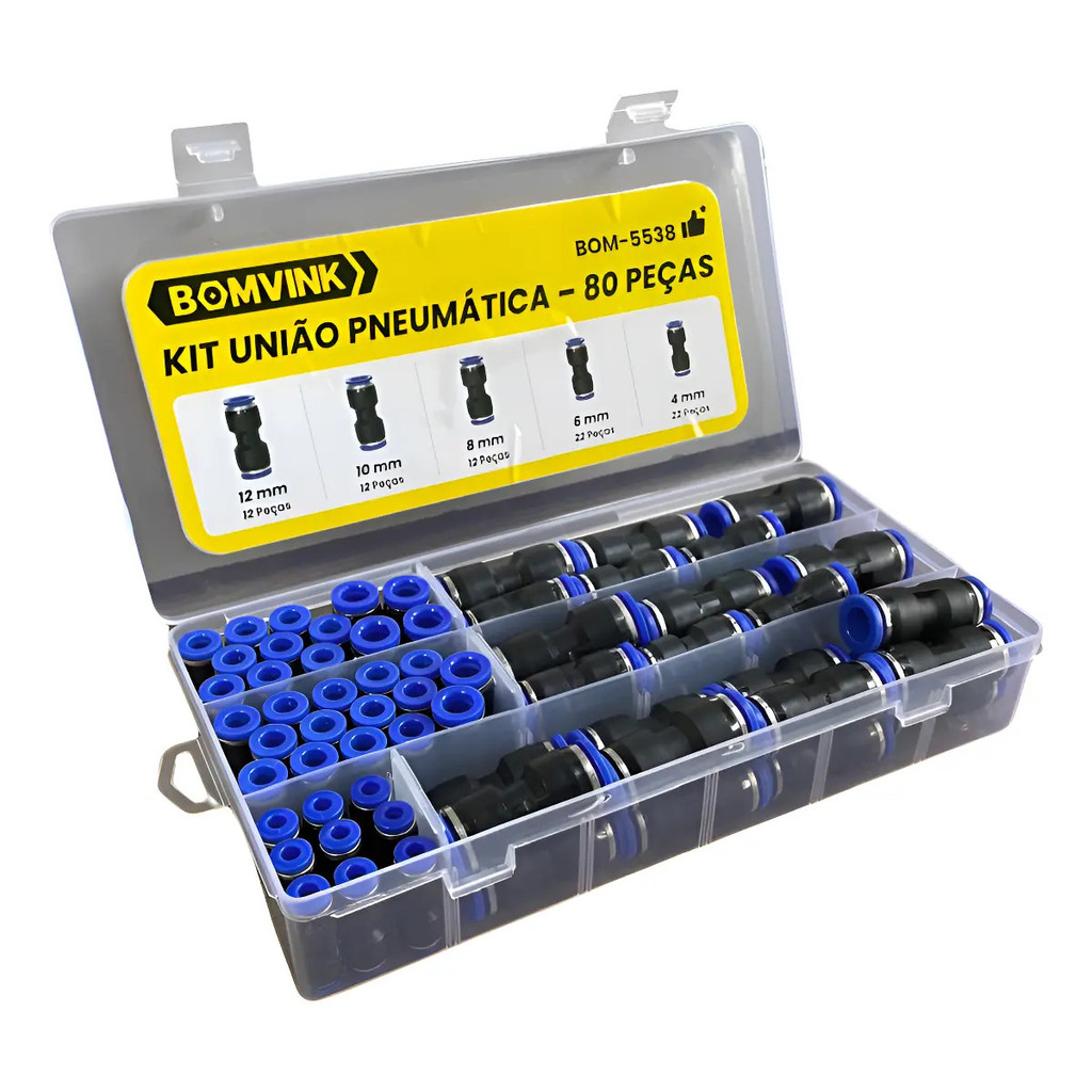 Kit Uniões Pneumáticas para Mangueira e Tubo Sistemas de Ar Comprimido 80 Pcs 4/6/8/10/12mm Redução e Retenção Vazamento