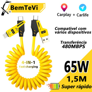 Cabo de carro Carplay 4 Em 1 USB/Tipo C Cabo De iPhone/Samsung/Motorola Telescópico De 1.…