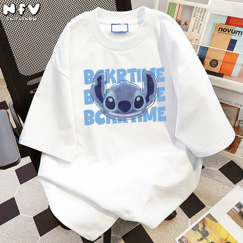 Camiseta Feminina Stitch Oversized Algodão Confortável Estilosa Divertida Moda Casual