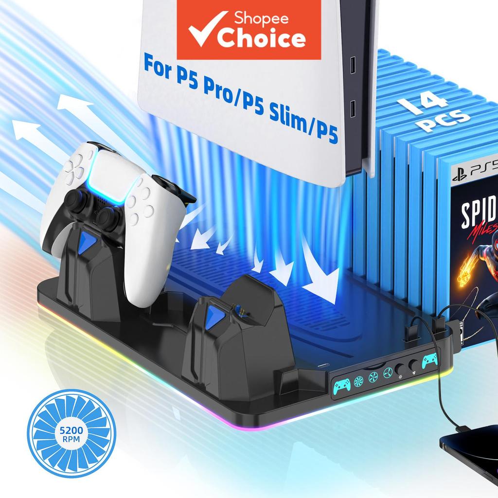 Suporte de Ventilador de Resfriamento para PS5 com Carregamento Duplo de Manípulos, Compatível com PS5/PS5 Slim/PS5
