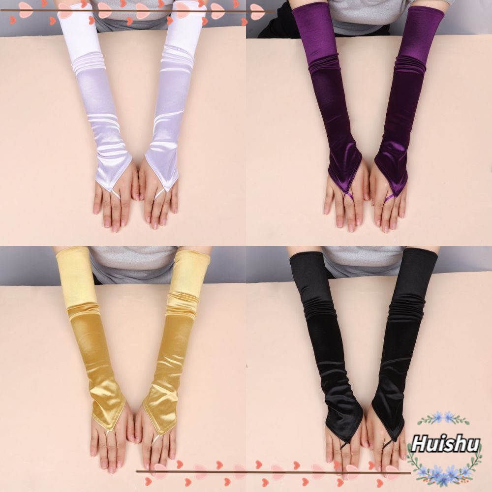 Luvas Femininas HUISHU, Luvas Sem Dedos de Crochê de Cetim de 49cm de Comprimento, Cor Sólida Vintage Elástica EAGP