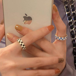 Anel azul menina anéis azul xadrez gotejamento esmalte anel feminino anel aberto anel ajustável