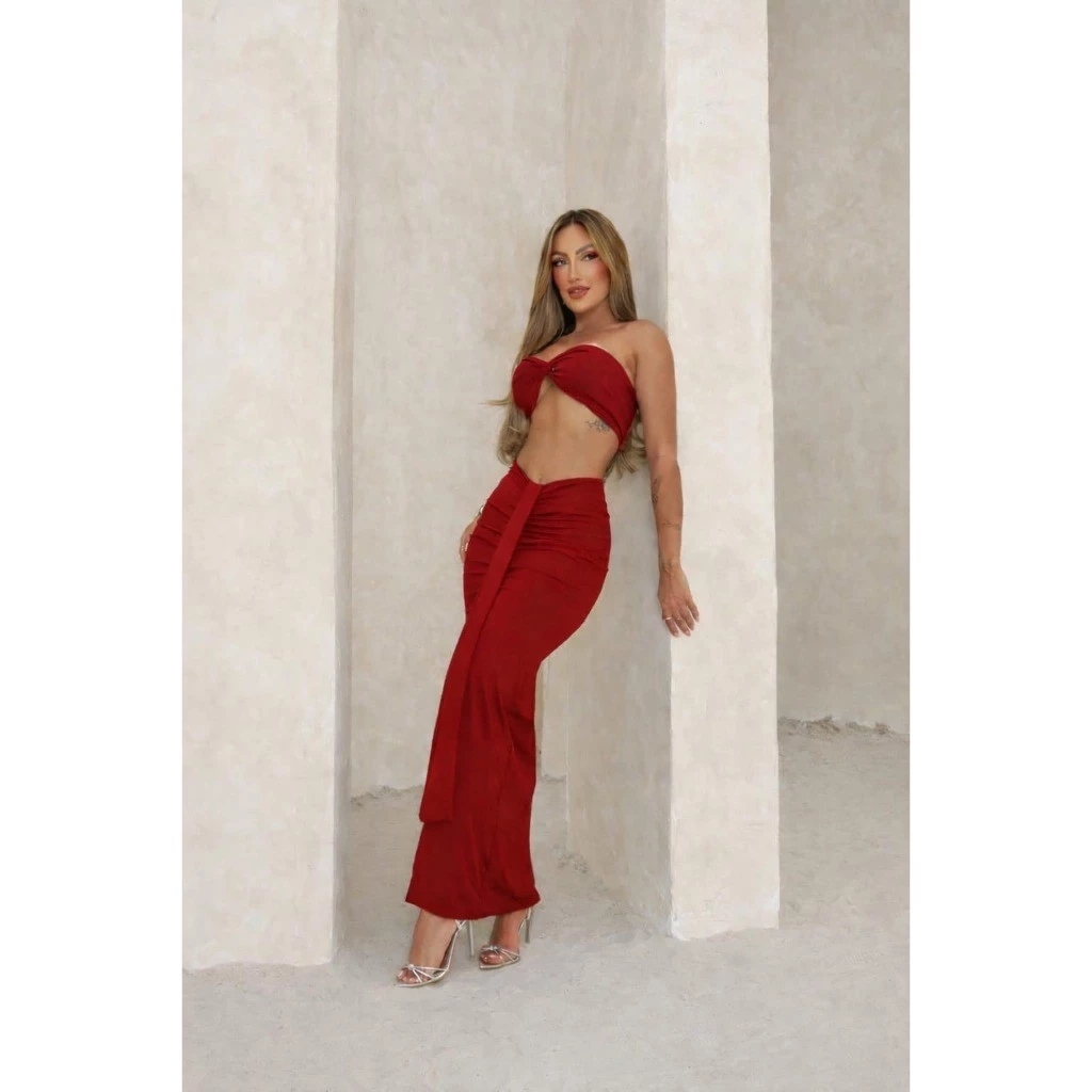 conjunto cropped Nózinho torcido saia longa detalhe drapeado sofisticado elegante Ideal — imagem 1