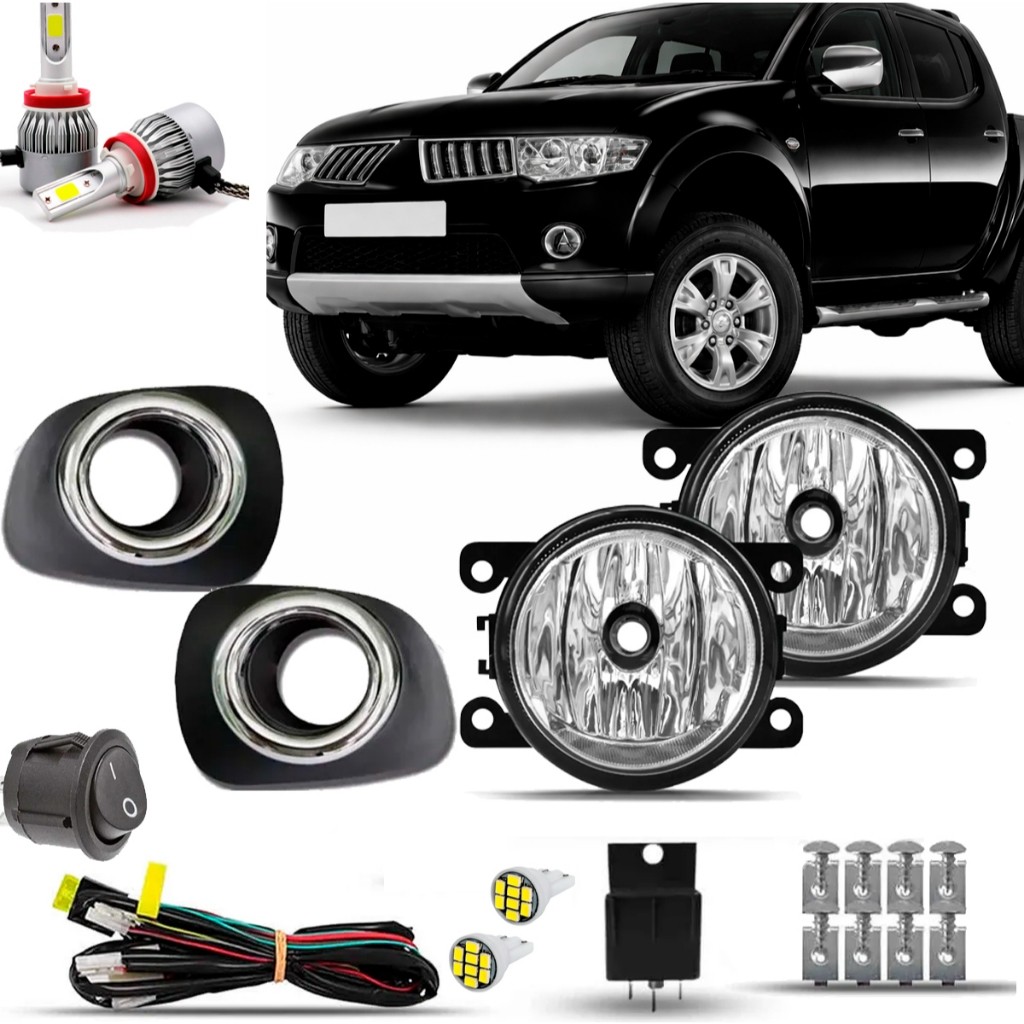 Kit Farol Milha Auxiliar Farolete Neblina Triton Hpe L200 2011 2012 2013 Moldura Cromo + Super Led H8
