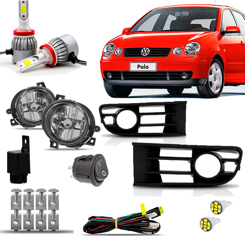 Kit Farolete Milha Neblina Auxiliar Completo Cibie Com molduras Vw Polo Zoinho Zoiao 2003 2004 2005 2006 Super Led 6000K