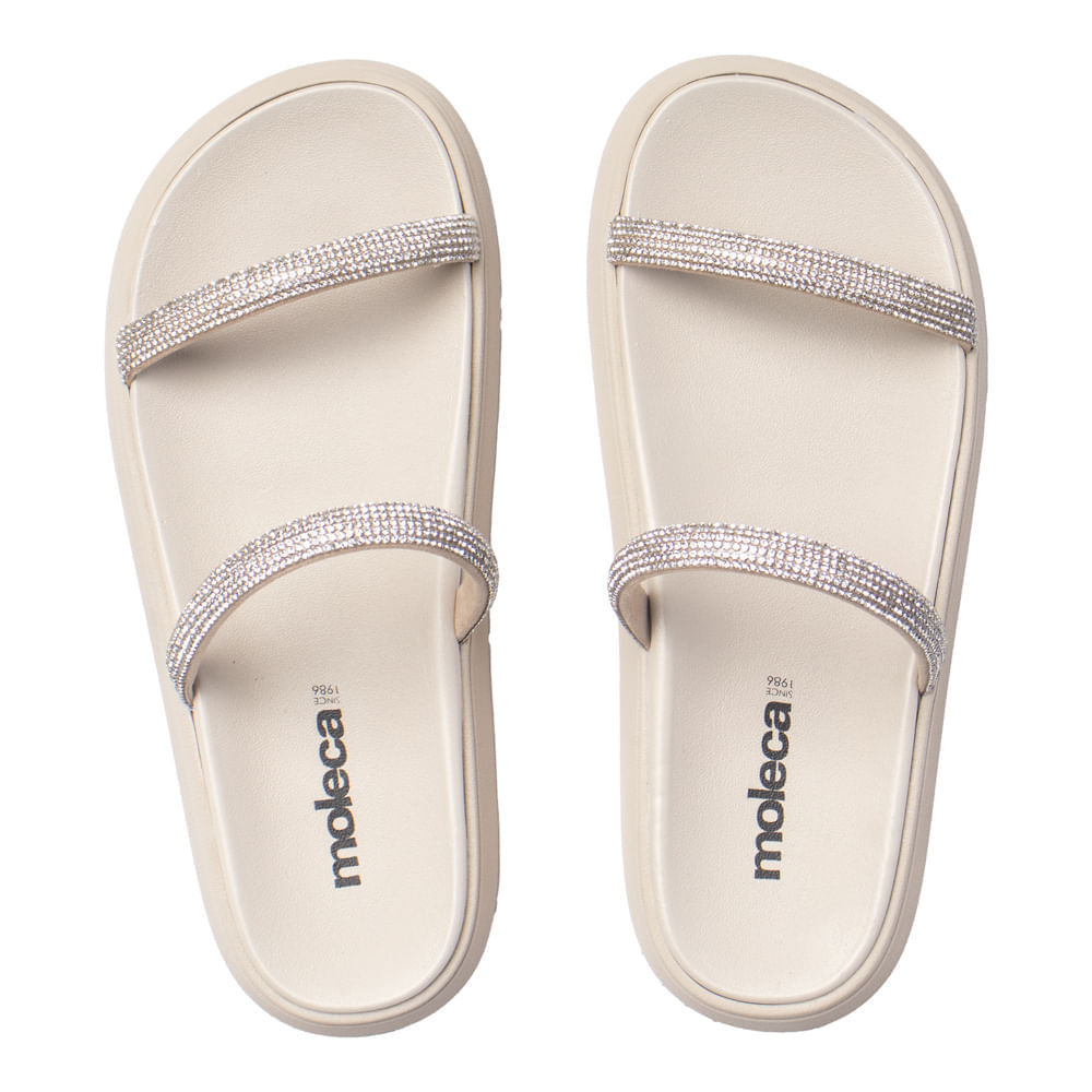 Chinelo Slide Feminino Moleca Flatform Pedrarias Creme/Cinza