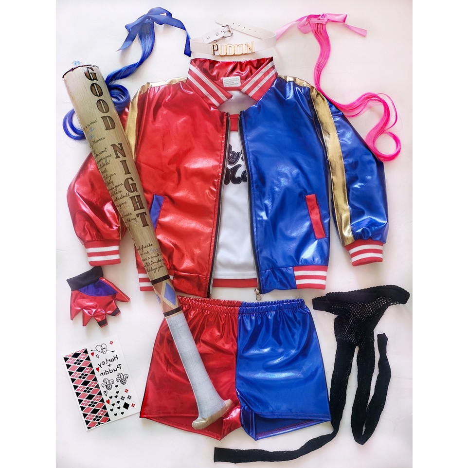 Fantasia de Arlequina para Cosplay Completo, Roupas Infantis para Meninas, Jaqueta Bordada do Esquadrão Suicida, Camiset
