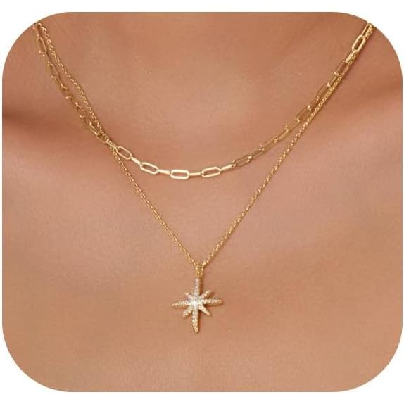 Colar de Ouro para Mulheres, Colar Delicado em Camadas com Diamantes, Colar Choker Moderno Banhado a Ouro 14K, Colares M