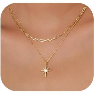 Colar de Ouro para Mulheres, Colar Delicado em Camadas com Diamantes, Colar Choker Moderno Banhado a Ouro 14K, Colares M