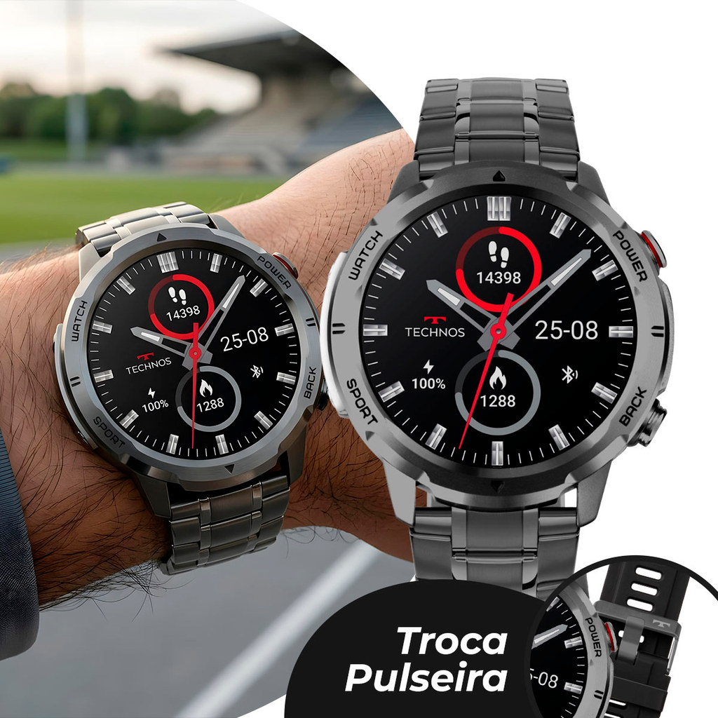 Smartwatch Relógio Inteligente Masculino Preto com Caixa de Aço Inoxidável e Pulseiras de Silicone 2 Pulseiras Technos